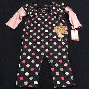 NWT Carter’s navy monkey onesie/romper with purple sleeves & polka dots Size 12M